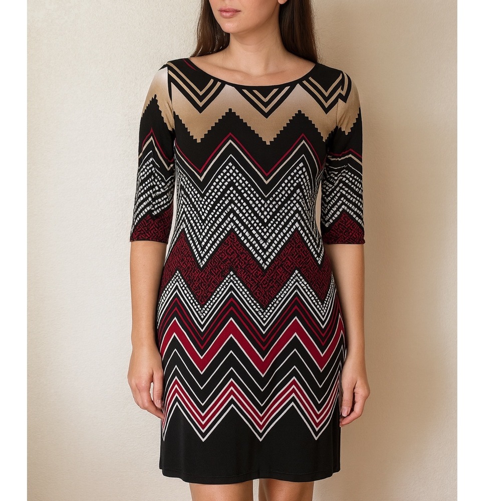 Studio One‎ New York Dress Small Chevron Print Knit 3/4 Sleeve Career